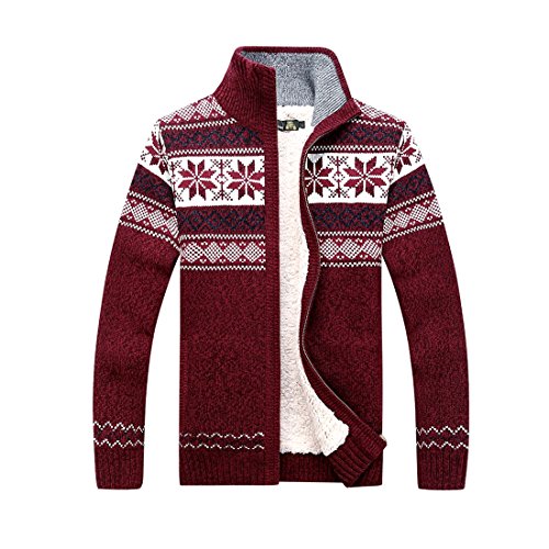 GWELL Herren Strickjacke mit Fleece Jacquard Verdickte Sweater Cardigan Strickpullover mit Reißverschluss Stehkragen Rot XL
